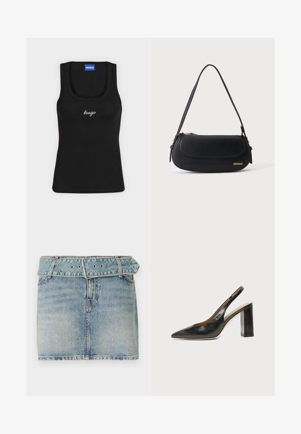 Sort ærmeløs top med rund halsudskæring, med hvid kursiv "hugo" logo centreret på brystet og en blå "HUGO" label inde i kraven.; Denim miniskirt med en lys blå vask, som har en belagt talje med en metalspænde, fem lommer og subtil slid, der giver tekstur.; Sort læder peep-toe slingback sko med høj blokhæl og beige indvendig foring mod en ensfarvet lys baggrund.; Sort skuldertaske i læder med buet klap, guld "HUGO" logo på forsiden og enkelt justerbar strop.