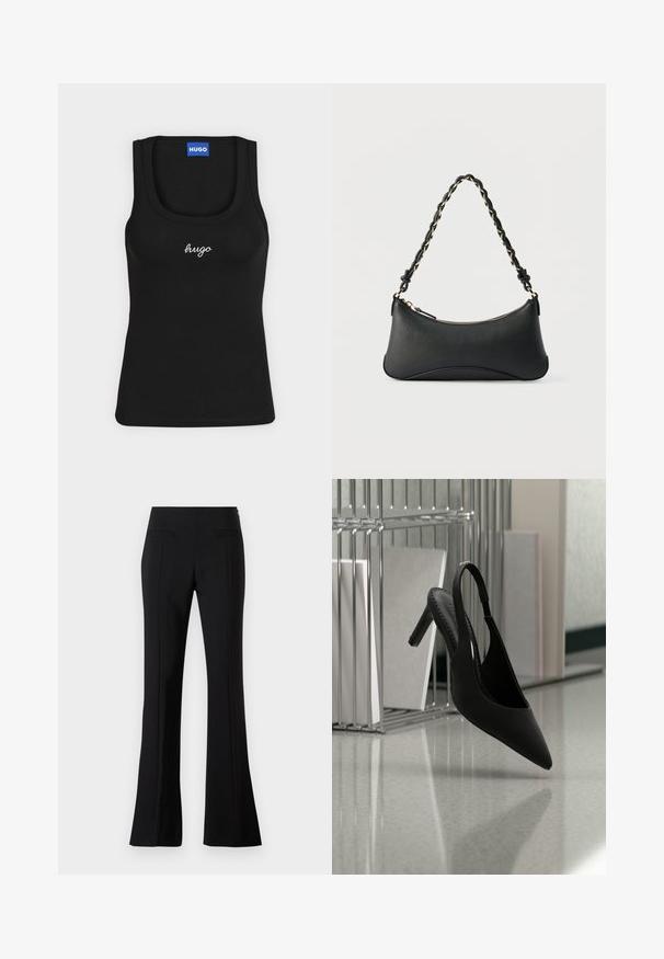 Camiseta sin mangas negra con cuello redondo, con el logo "hugo" en cursiva blanca centrado en el pecho y una etiqueta azul "HUGO" dentro del cuello.; Pantalones acampanados negros hechos de una tela suave con una cintura alta, que cuentan con dos bolsillos traseros y una línea en el frente de cada pierna.; Zapato de tacón alto negro con punta afilada y tira en el talón, suspendido en el aire sobre un suelo brillante con carpetas apiladas en el fondo.; Bolso de hombro de cuero negro con forma rectangular curvada, cadena dorada entrelazada en una correa negra trenzada y cierre superior con cremallera.