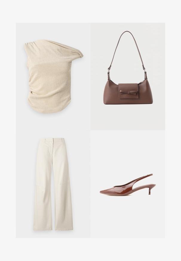 Top de color beige claro hecho de tejido texturizado, que presenta un diseño drapeado con detalles recogidos a lo largo de un lado y un escote amplio y asimétrico.; Pantalones de pierna ancha en una tela de algodón color crema. Presentan una cintura alta, un diseño estructurado y detalles de costura mínimos. Parte delantera plana con bolsillos.; Zapato slingback marrón brillante con tacón bajo y delgado estilo kitten heel, punta afilada, sobre fondo blanco.; Bolso bandolera de cuero marrón con un bolsillo frontal de solapa que presenta un detalle de moño cosido y una correa ajustable.