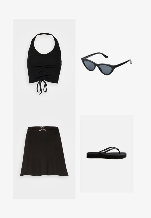 Even&Odd by Zalando Top - black; Even&Odd by Zalando Mini skirts - black; Sort gummiflipflop med tekstureret sål og Y-formet rem, vist i sideprofil mod en ensartet lys baggrund.; Sorte katteøje solbriller med mørkegrå linser, slankt plastisk stel, spidse hjørner og lige stænger. Ingen synlig hardware eller dekorationer.