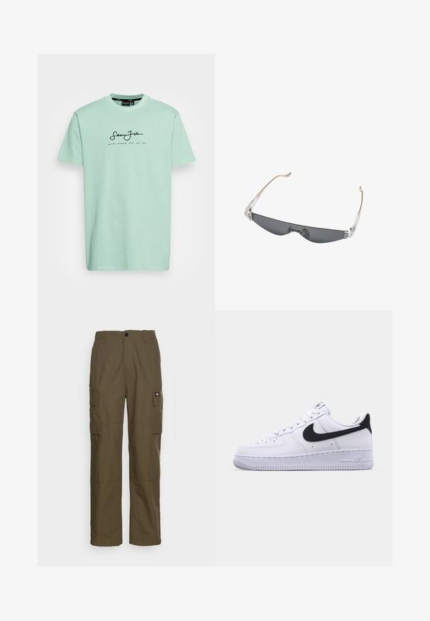 Sean John CLASSIC LOGO ESSENTIAL TEE - T-shirts print - light green; Cargo bukser i olivengrøn, lavet af slidstærkt stof. Har to sidelommer, en standard talje og en lige ben design.; Hvide lædersneakers med en struktureret sort Swoosh, flade snørebånd og en gummisål med et rillemønster. "AIR" er præget på hælen.; Slanke, rektangulære solbriller med mørkt tonede glas, klare plast hængsler og tynde beige arme, der er buede for enden.