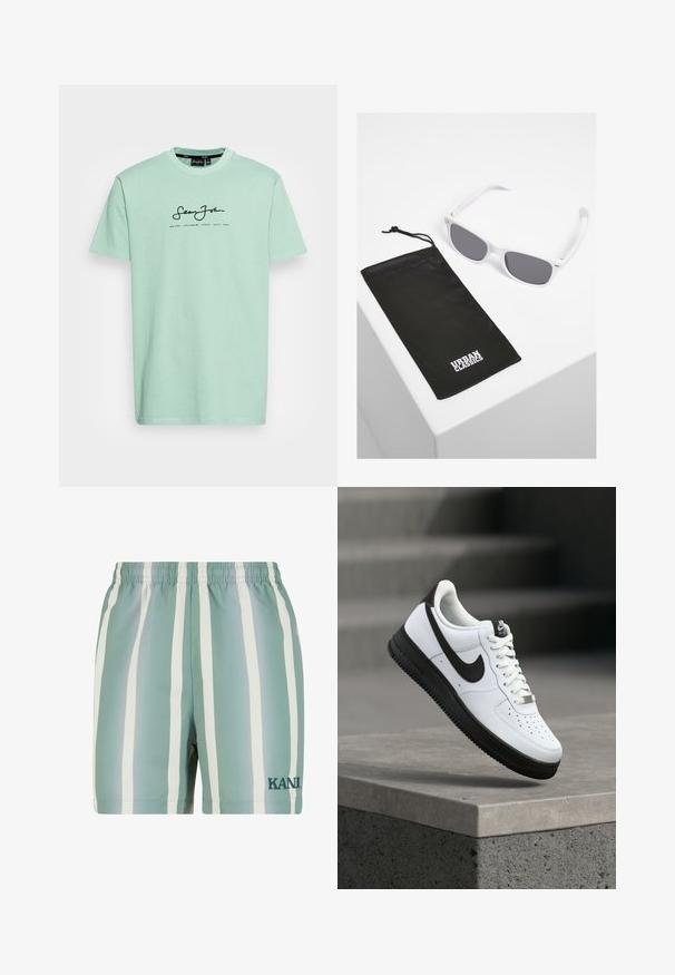 Sean John CLASSIC LOGO ESSENTIAL TEE - T-shirt print - light green; Mintgroene zwemshorts met witte verticale strepen. Voorzien van een elastische tailleband en een geborduurd 'KANI' logo in donkergroen. Gladde textuur.; Witte leren sneaker met zwarte accenten, afgeronde neus en geperforeerde details. Zwarte rubberen zool met een gestructureerd patroon en vetersluiting.; Witte plastic zonnebril met grijze lenzen naast een zwart stoffen zakje met een wit "URBAN CLASSICS" logo in vette letters.