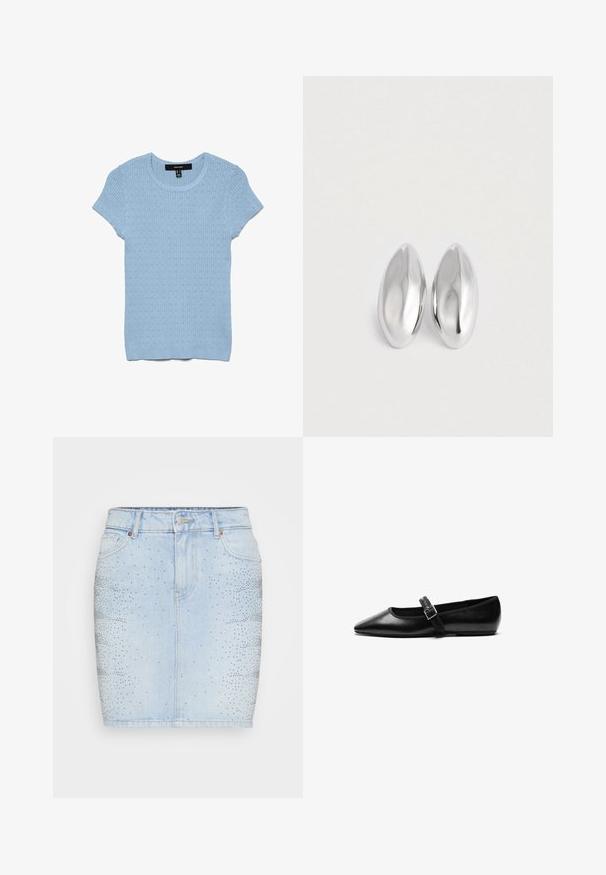 Top de punto azul claro de manga corta con canalé vertical y pequeño patrón de ojales, escote redondo y bajo ajustado.; Falda de mezclilla azul claro con un diseño ajustado, cintura media y adornada con tachuelas plateadas en un patrón degradado en un lado.; Zapato plano negro de cuero con punta afilada, correa ajustable con hebilla de metal, textura suave y diseño minimalista.; Par de objetos ovalados de plata, lisos y brillantes, colocados uno al lado del otro sobre un fondo blanco puro.