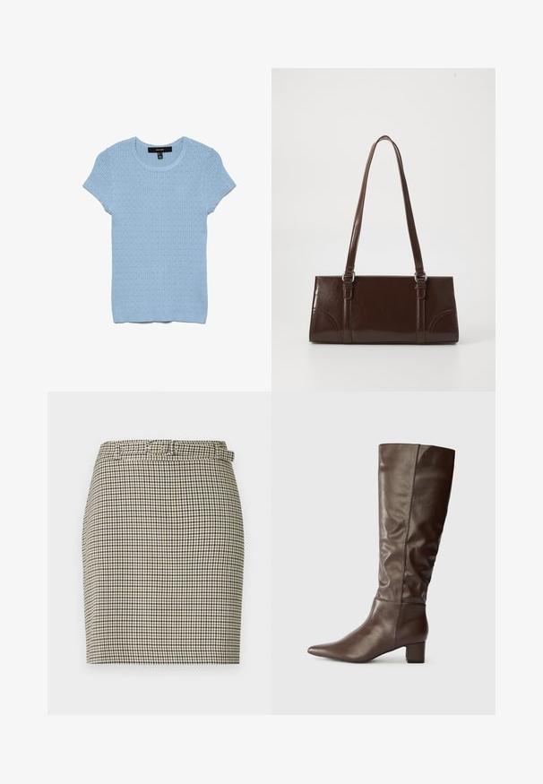 Haut en maille bleu clair à manches courtes avec côtes verticales et petit motif ajouré, col rond et ourlet ajusté.; Jupe courte à motif pied-de-poule, avec un schéma de couleurs beige et noir, design ajusté et passants pour ceinture à la taille.; Bottes en cuir marron arrivant au genou, avec un bout pointu et un talon carré. La tige présente une texture lisse et légèrement froncée.; Sac à main en cuir verni marron de forme rectangulaire, avec deux longues poignées et des accents courbés subtils à l'avant.