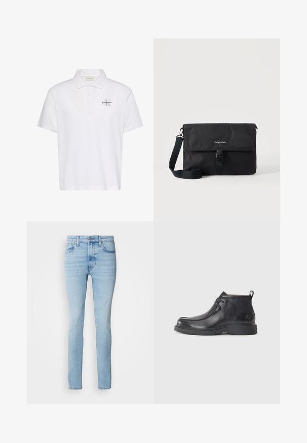 Weißes Polohemd mit kurzen Ärmeln, Kragen, dreiknöpfiger Blende und kleinem grauem Calvin Klein-Logo auf der linken Brust.; Calvin Klein Jeans Jeans Skinny Fit - arrow stone; Schwarze Leder-Stiefel bis zur Knöchel mit runder Zehenform, Schnürdesign und einer Ziehlasche auf der Rückseite. Strukturiertes Obermaterial und Gummisohle.; Schwarze Calvin Klein Umhängetasche mit verstellbarem Schultergurt und vorne mit einer Schnalle gesicherter Klappe, vor neutralem Hintergrund präsentiert.