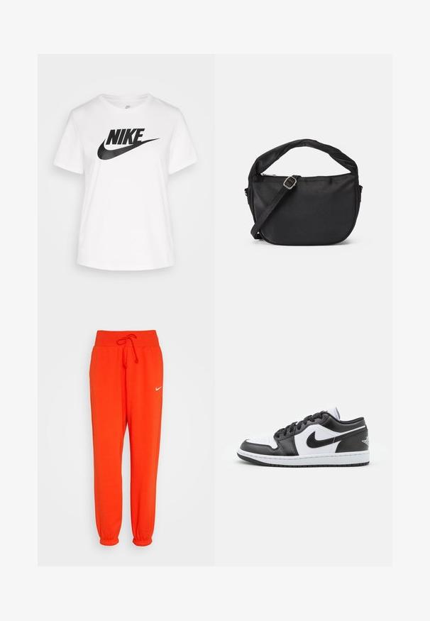 Biele bavlnené tričko s okrúhlym výstrihom, krátkymi rukávmi a veľkým čiernym logom Nike potlačeným na hrudi. Hladká textúra a neformálny dizajn.; Nike Sportswear W PHNX FLC HR OS - Tepláky - picante red/sail; Čierno-biele nízke tenisky Nike majú hladký kožený zvršok, okrúlu špičku, šnurovacie zapínanie a vzorovanú gumovú podrážku.; Čierna látková taška na rameno s prekrútenou rukoväťou, odnímateľným popruhom a zipsom na vrchnom uzáveru. Hladký povrch a minimalistický dizajn.