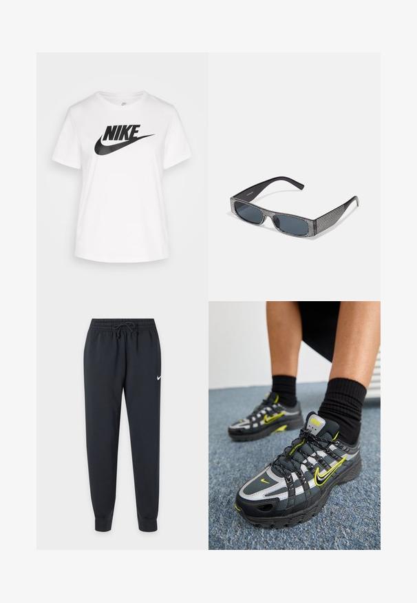 T-shirt en coton blanc avec un col rond, des manches courtes et un grand logo Nike noir imprimé sur la poitrine. Texture lisse et design décontracté.; Pantalon de survêtement Nike noir avec taille élastique et cordon, jambes fuselées, chevilles bord-côte et petit logo Nike blanc sur la cuisse droite.; Chaussures de sport noires et grises avec des accents argentés réfléchissants, des panneaux en maille texturée et des détails en jaune vif. Design à lacets avec une semelle structurée.; Lunettes de soleil noires avec des verres gris, ornées d'un motif en grille de petits rhinestones métalliques le long des montures. Fini lisse, design angulaire.