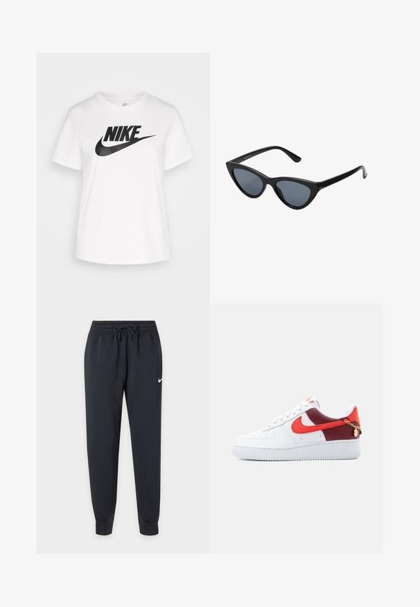 Witte katoenen T-shirt met een ronde hals, korte mouwen en een groot zwart Nike-logo gedrukt over de borst. Gladde textuur en casual ontwerp.; Zwarte Nike sweatpants met elastische tailleband en trekkoord, taps toelopende pijpen, geribbelde enkels en een kleine witte Nike-swoosh op de rechterdij.; Witte Nike Air Force 1 sneaker met rode en kastanjebruine panelen, rode swoosh, en een klein gouden kettinkje bevestigd nabij de hiel.; Zwarte cat-eye zonnebril met donkergrijze lenzen, slank plastic frame, puntige hoeken en rechte pootjes. Geen zichtbare hardware of accenten.