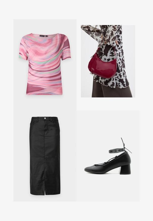 T-shirt à manches courtes avec un motif en tourbillon rose et violet, en tissu léger avec un col rond et une coupe ajustée.; Jupe midi en denim noir avec fente avant, design à cinq poches et fermeture à bouton en métal. Texture lisse et forme classique droite.; Chaussure en cuir noir à talon moyen, bout pointu, brides croisées et lien de cheville autour sur fond blanc.; Femme portant un chemisier à motif noir et blanc tenant un sac à main rouge brillant sur un fond uni.