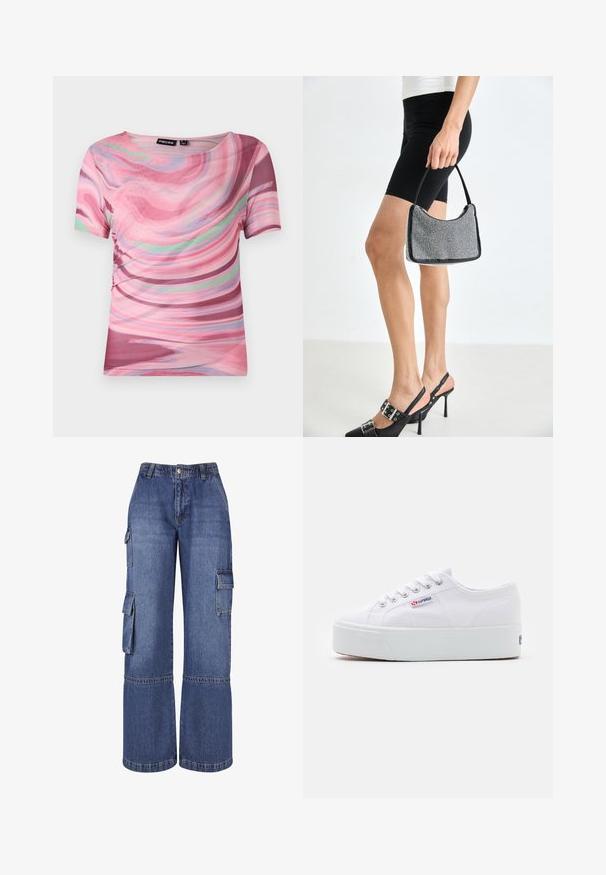 T-shirt à manches courtes avec un motif en tourbillon rose et violet, en tissu léger avec un col rond et une coupe ajustée.; Pantalons cargo en denim à jambes larges de couleur bleu moyen, avec plusieurs poches latérales, une fermeture à boutons et des coutures contrastées le long des coutures.; Baskets en toile blanches avec une épaisse semelle plateforme blanche, bout rond et œillets en métal pour les lacets. Logo de la marque affiché sur le côté.; Sac à main à perles noires avec une silhouette courbée, une poignée de transport et une texture brillante. Porté avec des chaussures à talons hauts noires et un short noir ajusté.