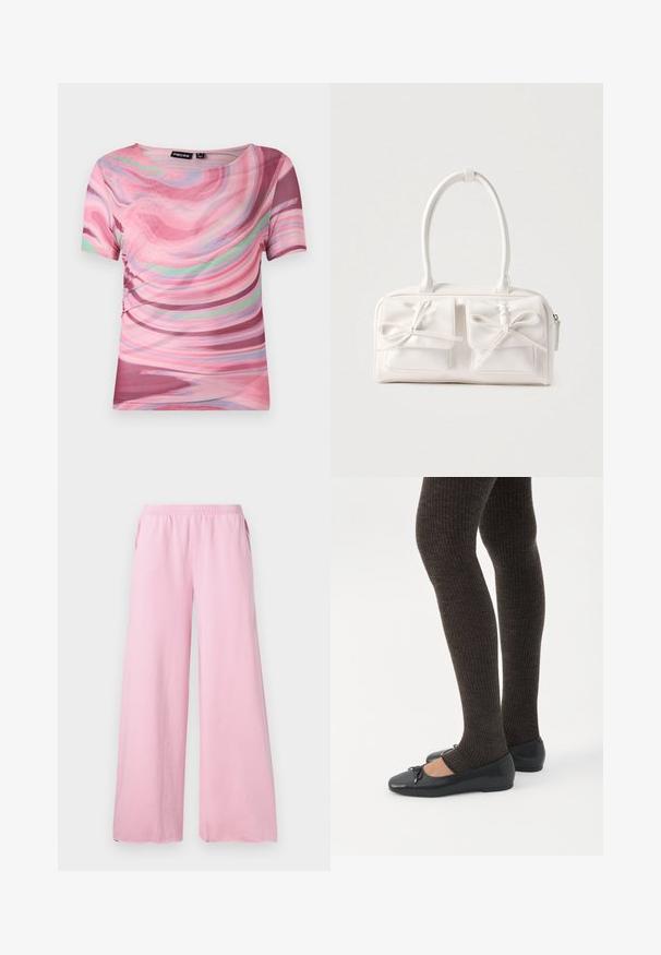 Camiseta de manga corta con un patrón en espiral rosa y púrpura, hecha de tejido ligero con cuello redondo y un ajuste elástico.; Pantalones de pierna ancha rosa, hechos de una tela suave, con una cintura elástica y bolsillos laterales. Presenta un corte recto y fluido.; Piernas con leggings oscuros acanalados combinados con bailarinas negras que presentan pequeños detalles de lazo sobre un fondo blanco.; Bolso sintético blanco con dos bolsillos delanteros, cada uno con un detalle de lazo atado. Textura suave, asas redondeadas y cierre de cremallera.