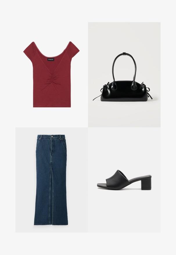 Mauve tætsiddende top med korte ærmer, rund halsudskæring, samlet detalje i midten og bølget kant langs halsudskæringen og ærmerne.; Good American FIT AND FLARE MAXI SKIRT - Denimnederdele - indigo; Sorte læder mules med blokhæl og åben tå, med en glat overflade og let buet overdelsdesign for komfort og stil.; Lille sort blank håndtaske med to lange håndtag og snøre-detaljer i siden på en ensfarvet lys baggrund.