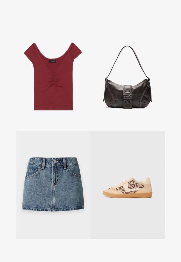 Mauve tætsiddende top med korte ærmer, rund halsudskæring, samlet detalje i midten og bølget kant langs halsudskæringen og ærmerne.; Denim mini nederdel i middelblå vask, med en tætsiddende talje, forlommer og subtile syninger. Glat, struktureret stoffinish.; Leopardprint sneakers med beige ruskindsoverdel, tan gummisål og hvide detaljer. Rund pegefinger og snørebåndsdesign med en tekstureret finish.; Brun læder skuldertaske med en buet form, der har et fremtrædende spænde, kontrasterende syninger og en enkelt skulderrem.