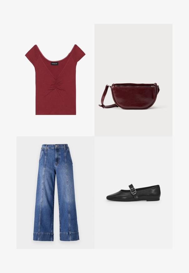 Mauve priliehavý top s krátkymi rukávmi, okrúhlym výstrihom, zhrnutým detailom v strede a vlnitým lemovaním pozdĺž výstrihu a rukávov.; Džínsy s širokými nohavicami v modrej farbe a vysokým pásom, s gombíkovým zapínaním, prednými vreckami a viditeľným stehom pozdĺž bočných švov.; Čierna kožená plochá obuv s okrúhlym nosom, jedným nastaviteľným pásikom so sponou a hladkým, lesklým povrchom. Minimalistický dizajn s nízkym podpätkom.; Kožená kabelka bordovej farby v tvare polmesiaca, so zipsovým zatváraním a odnímateľným popruhom. Hladká textúra s jemným leskom.