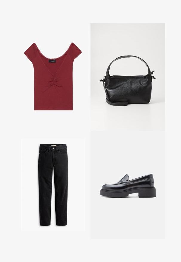 Mauve tætsiddende top med korte ærmer, rund halsudskæring, samlet detalje i midten og bølget kant langs halsudskæringen og ærmerne.; Sorte straight-leg jeans med knap- og lynlåslukning, bæltestropper samt for- og baglommer, vist fladt på hvid baggrund.; Sorte læder loafers med rund tå, der har en hævet platformssål og en enkel dekorativ rem over vamps. Glat finish.; Sort læderhåndtaske med et struktureret design, rund tophåndtag og aftagelig skulderrem. Den har en glat tekstur og en subtil glans.