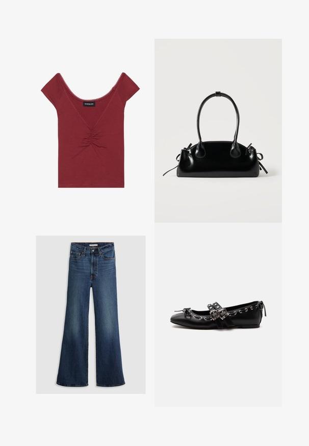 Lila eng anliegendes Oberteil mit kurzen Ärmeln, Rundhalsausschnitt, gerafftem Zentrum und gewelltem Saum entlang des Ausschnitts und der Ärmel.; Weite Jeans aus dunkelblauem Denim mit hoher Taille, Fünf-Taschen-Design und kontrastierenden Nähten entlang der Nähte und des Bunds.; Schwarzer flacher Ballettschuh mit doppelten Schnallenriemen, silbernen Ösen und einer kleinen Schleife nahe der abgerundeten Spitze auf weißem Hintergrund.; Kleine schwarze glänzende Handtasche mit zwei langen Griffen und seitlichen Kordelzug-Details vor einfachem hellem Hintergrund.