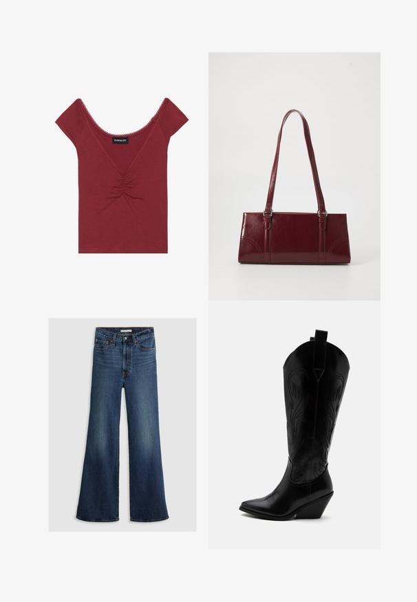 Top justo em mauve com mangas curtas, decote redondo, detalhe franzido no centro e acabamento em escallop ao longo do decote e das mangas.; Jeans de perna larga em denim azul escuro, com uma cintura alta, design de cinco bolsos e costura em contraste ao longo das costuras e da cintura.; Bota cowboy de pele preta com bico fino, salto bloco inclinado, costura decorativa e abas para puxar no topo contra fundo branco.; Carteira bordô feita de material brilhante, com formato retangular, dois tirantes para o ombro e suaves acentos curvados na frente.