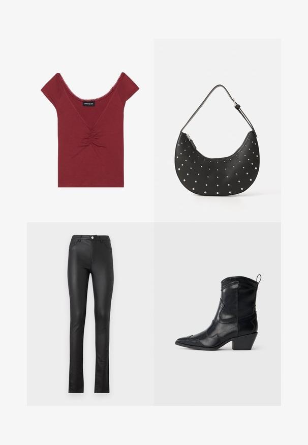Top ajustado en malva con mangas cortas, escote amplio, detalle central fruncido y un ribete ondulado a lo largo del escote y las mangas.; Pantalones de imitación cuero negros con un ajuste slim, que cuentan con un cierre de botón en el frente, dos bolsillos delanteros y un dobladillo ligeramente acampanado en la parte inferior.; Bota occidental de cuero negro hasta la mitad de la pantorrilla con punta afilada, costuras decorativas, lengüeta y tacón cuadrado apilado sobre un fondo neutro.; Bolso de mano de cuero negro con forma curva, adornado con tachuelas plateadas, cuenta con cierre de cremallera y una sola correa ajustable.