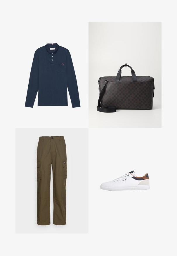 Marineblauw polo shirt met lange mouwen, een kraag, drie knopen en een borstzak met een rood-witte gestreepte accent. Van katoen.; Olijfgroene cargobroek, gemaakt van duurzaam stof. Beschikt over twee zijzakken, een standaard taille en een rechte pijp.; Witte sneakers met een glad leren bovenwerk, voorzien van contrasterende bruine, marineblauwe en beige accenten. Klassiek vetersysteem met een rubberen zool met textuur.; Bruine geruite reistas van gestructureerd materiaal. Heeft zwarte leren handvatten, een afneembare schouderriem en een ritssluiting.