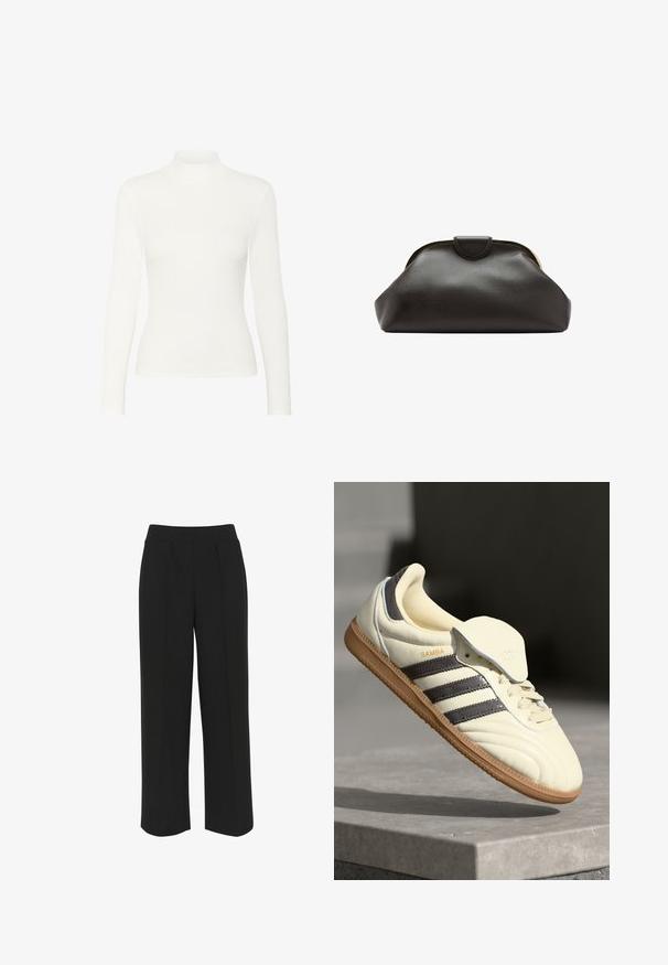 Hvid langærmet turtleneck bluse lavet af ribbet stof, med en tætsiddende pasform og glat tekstur, høj krave og ingen synlige detaljer.; Sorte bukser med bredde ben og flad talje, med forreste folder og en glat tekstur. Ingen synlige lommer eller metaldele.; Cremefarvede lædersneakers med tre mørke striber, en brun gummisål og en afrundet tå. Har en foldbar tunge mærket "SAMBA."; Blød sort læder clutch taske med en rundet ramme og en lille lukning i toppen midt på.