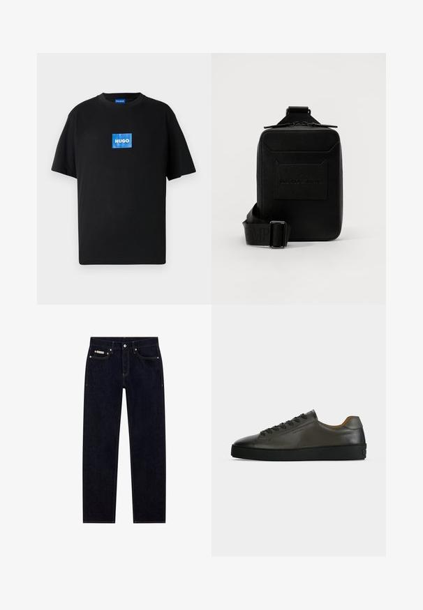 Sort bomuld T-shirt med rund halsudskæring og korte ærmer. Har en blå rektangulær "HUGO"-logo foran.; Mørk denim jeans med lige ben, fem lommer, kontrasterende orange syninger og et lille mærke på kanten af linningen.; Lavtskåret mørkegrå læder sneaker med sorte snørebånd og sål, minimalistisk design, sideprofil på en ensfarvet lys baggrund.; Sorte læder crossover-taske med struktureret overflade, lynlåslukning, frontlomme med præget logo, justerbar rem med mærkenavn.