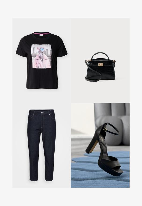 Sort T-shirt med en zebra iført en pink nitteret frakke og en blå blomst på hovedet, byens skyline i baggrunden.; Mørkeblå denim jeans med lige ben, frontlommer, bæltesløjfer og knaplukning foran, præsenteret mod en neutral baggrund.; Sort højhælet sandal med firkantet snude, justerbar ankelrem, polstret tekstur og en blokhæl med gulddetaljer.; Sort lille håndtaske med krokodillestruktur, guldfarvet drejelås, kort håndtag og langt aftageligt skulderrem på neutral baggrund.