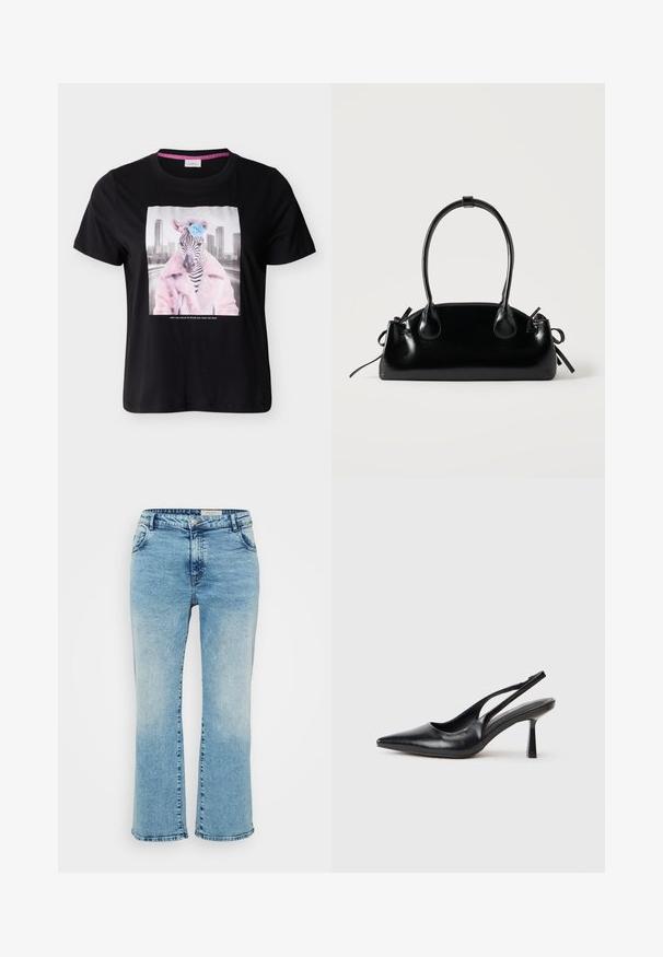 Sort T-shirt med en zebra iført en pink nitteret frakke og en blå blomst på hovedet, byens skyline i baggrunden.; Lyseblå denimjeans med lige snit, der har knaplukning, fem lommer og subtil falming ved knæene.; Sort læderslagback højhælet sko med spids tå og slank hæl på en hvid baggrund.; Lille sort blank håndtaske med to lange håndtag og snøre-detaljer i siden på en ensfarvet lys baggrund.
