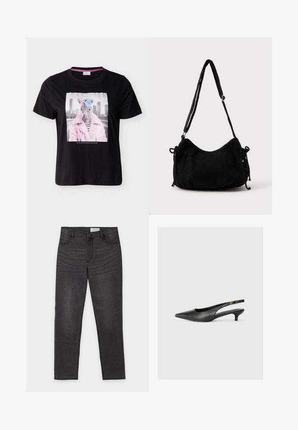Sort T-shirt med en zebra iført en pink nitteret frakke og en blå blomst på hovedet, byens skyline i baggrunden.; Sort denim med lige ben, knap- og lynlåslukning, for- og baglommer samt diskret falming på lårene, lagt fladt på en hvid baggrund.; Sorte spidse slingback-sko lavet af glat læder. Har en tynd hæl og en spænde detalje på den justerbare rem.; Sort kordfløjls skuldertaske med en buet form, justerbar strop og snorelukninger på begge sider til størrelsejustering.