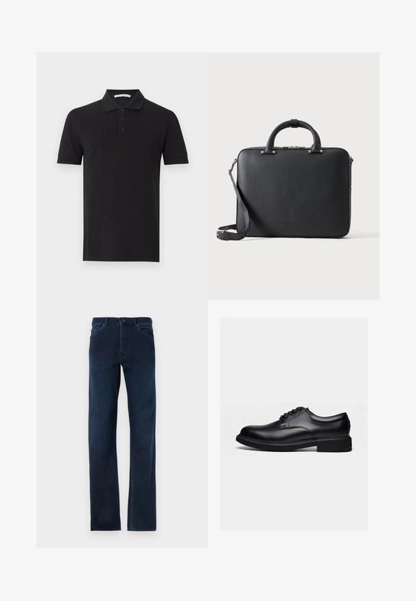 Polo noir en tissu doux, avec un col, une patte de boutonnage à trois boutons et des manches courtes à poignets côtelés.; Jean en denim bleu foncé avec des jambes droites, cinq poches, une fermeture à bouton et des coutures contrastées le long des coutures.; Chaussure habillée en cuir noir poli avec lacets et semelle épaisse en caoutchouc, vue de profil sur un fond clair uni.; Mallette en cuir noir texturé avec double poignée, bandoulière amovible et fermeture éclair supérieure sur un fond clair uni.