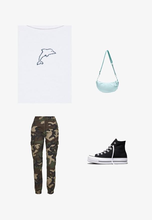 Dolfijnvorm gevormd door kleine donkere kralen op een witte geribbelde stoffen achtergrond.; Camo cargo pants in tinten van groen, bruin en zwart; voorzien van elastische boorden, zijvakken en een veilige knoopsluiting.; Zwarte hooggesloten canvas sneaker met witte rubberen zool en witte veters, zijwaarts weergegeven op een witte achtergrond.; Lichtblauwe, halve maanvormige schoudertas met verstelbare band en klein decoratief label aan de rits, geïsoleerd op een witte achtergrond.