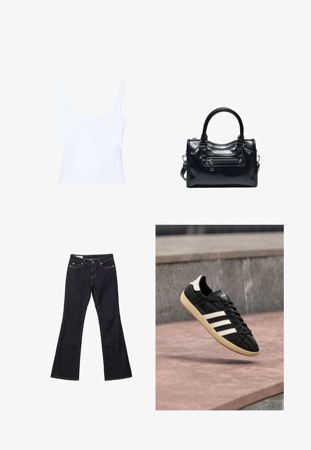 Hvid tanktop med firkantet halsudskæring, brede stropper og tætsiddende pasform. Lavet af glat, strækbart stof for komfort.; Mørkeblå denim bukser med flared ben, fem lommer, kobbernitter og kontrastsyet. Glat tekstur med en lige, afslappet pasform.; Sort Adidas sneaker med hvide striber og beige sål, fanget i luften over en stenet overflade og baggrund af en stenmur.; Sort skinnende læderhåndtaske med to håndtag, lynlåslomme foran og aftagelig skulderrem på hvid baggrund.