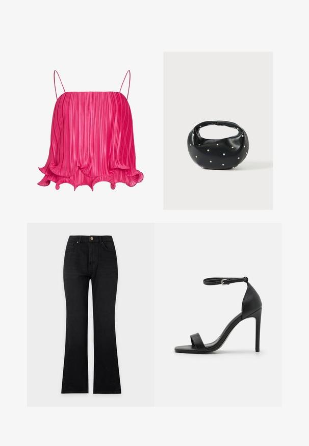 Lyserød plisseret camisole med tynde spaghettistropper og flæsekant, der flår udad i et bølget mønster.; Sorte jeans med høj talje og lige ben, frontknaplukning og fem-lomme-design på en ensfarvet lys baggrund.; Sort højhælet sandal med et sleek design, der har en ankelrem, åben tå og glat lædertekstur.; Sort læderhåndtaske med en rundet form, dekoreret med sølvnitter, og et kort håndtag. Glat tekstur og lynlåslukning.
