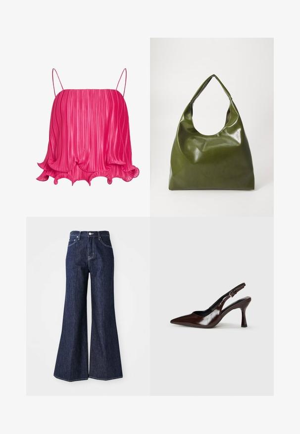 Felroze geplooide cami met dunne spaghetti-bandjes en een geruwde zoom die uitwaaiert in een golvend patroon.; Donker denim flared jeans met een hoge taille, voorzien van een knoop- en ritssluiting. Witte stiksels en brede pijpen creëren een gestructureerd silhouet.; Bruine gepatineerde leren slingback pumps met een spitse neus, een dunne hak en een verstelbaar bandje met een kleine gesp.; Groene leren hobotas met een slordig ontwerp, gebogen handvat en een gladde textuur. Bevat geen zichtbare hardware of accenten.