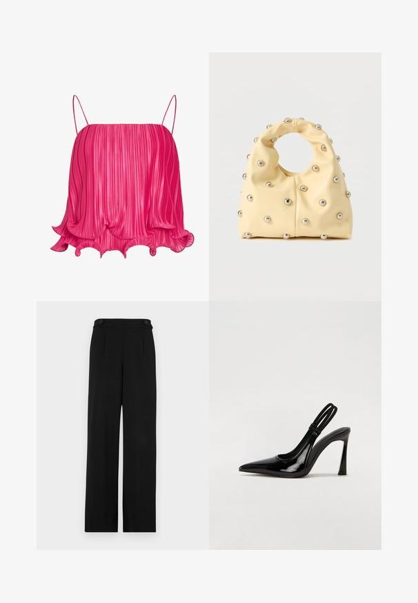 Leuchtend pinkes, plissiertes Camisole mit dünnen Spaghettiträgern und gekräuseltem Saum, der sich in einem wellenförmigen Muster nach außen öffnet.; Schwarze weite Hosen mit flacher Vorderseite, zwei Knöpfen am Bund und einem glatten Stofftextur. Maßgeschneiderte Passform mit Falten für die Form.; Schwarze Lackleder Slingback-Pumps mit spitzem Zehenbereich, schlankem hohen Absatz und doppeltem elastischen Riemen für einen sicheren Sitz. Glatte, glänzende Oberfläche.; Weiche, gelbe Handtasche mit rundem Griff, verziert mit gleichmäßig angeordneten kleinen silbernen Metallnieten auf glatter Oberfläche.