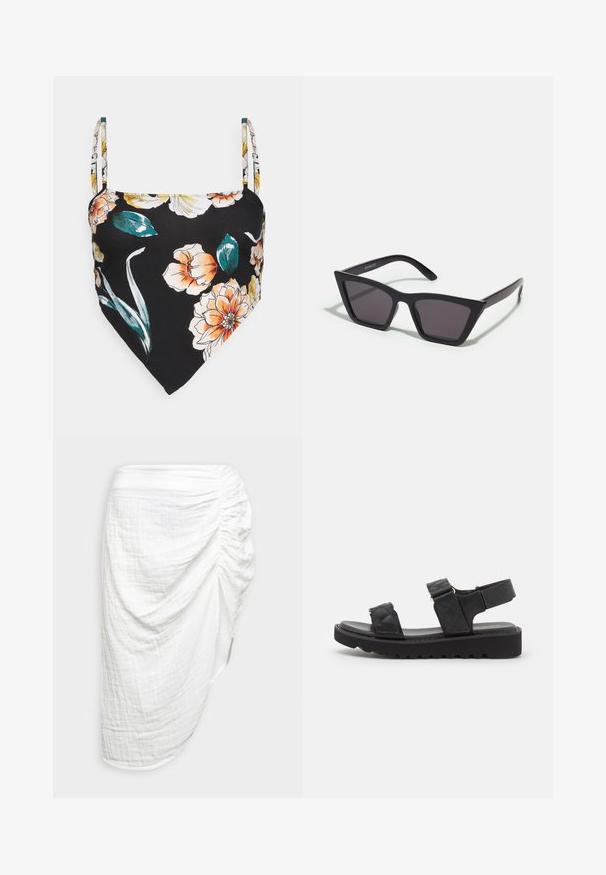 ONLY ONLNOVA LIFE SCARF - Μπλούζα - black; Pieces PCSTINA HIGH SLIT SKIRT - Pencil φούστα - cloud dancer; Μαυρές πλατφόρμες σανδάλια με επενδεδυμένες λωρίδες, ανοιχτό μπροστινό μέρος και ρυθμιζόμενο λουρί στον αστράγαλο. Υφή καουτσούκ σόλας με μοτίβο ζιγκ ζαγκ για καλύτερη πρόσφυση.; Μαύρα, γωνιώδη γυαλιά ηλίου με γκρι φακούς; κατασκευασμένα από πλαστικό, με χοντρές βραχίονες με λεία επιφάνεια και χωρίς ορατό μηχανισμό.