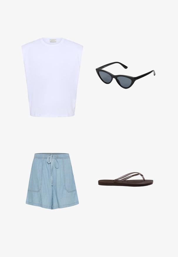 Biely tielkový top s tvarovanými ramenami, okrúhlym výstrihom a jemným reliéfnym logom na prednej strane v strede.; Svetlo modré deniminové šortky s elastickým pásom, detailom na viazanie, dvoma prednými vreckami a prešívanými akcentmi.; Hnedé gumové šľapky s textúrovanou podrážkou a tenkými remienkami s malým dekoratívnym kovovým detailom na boku.; Čierne slnečné okuliare v štýle mačacích očí s tmavošedými sklami, elegantným plastovým rámom, špicatými rohmi a rovnými stranami. Bez viditeľného hardvéru alebo akcentov.