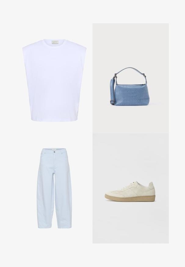 Hvid ærmeløs top med strukturerede skuldre, rund halsudskæring og subtilt præget logo foran i midten.; Lysblå bredbenede jeans lavet af denim, med et klassisk femlomme-design, knaplukning og pæne stikninger.; Beige ruskind sneakers med et struktureret design, flad gummisål og karakteristisk sidesyning. Rund tå og polstret krave.; Lyseblå taske med krokodillepræg, kort håndtag og aftagelig skulderrem. Glat tekstur med lynlås.