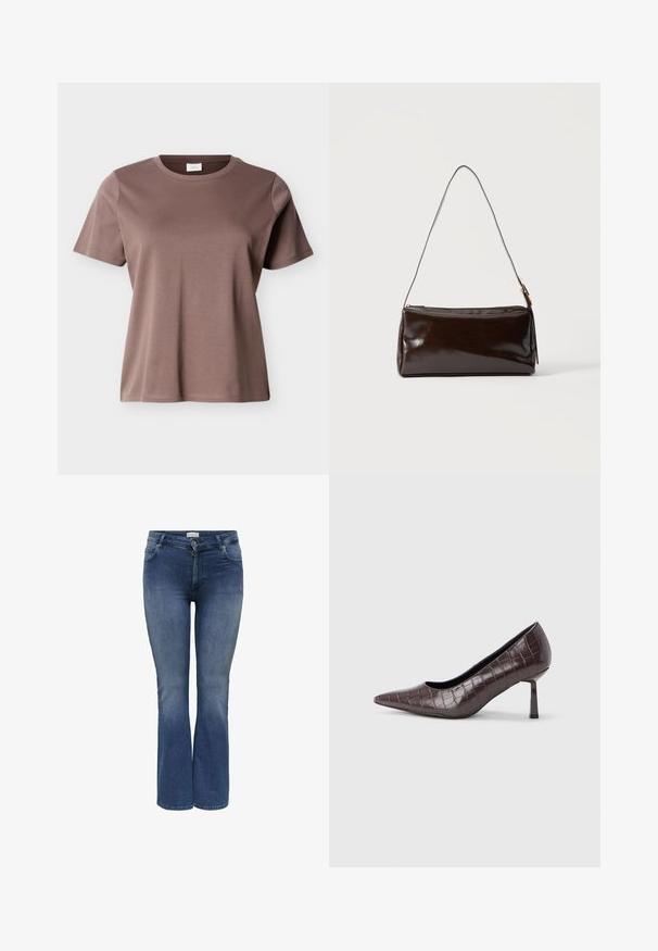 Korte mouwen, ronde hals, mauve-bruin katoenen T-shirt met een losse pasvorm, afgebeeld tegen een effen lichte achtergrond.; Denim flare jeans in medium blauw met een gladde textuur, voorzien van zijzakken en een ritssluiting. Subtiele whisker-details.; Bruine nepleren pumps met een puntige neus en krokodillenstructuur, voorzien van een slanke, hoekige hak en een gladde binnenvoering.; Donkerbruine rechthoekige leren schoudertas met een enkele dunne band en goudkleurige gesp op een effen achtergrond.