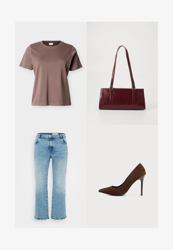 Kortærmet, rundhalset T-shirt i mauve-brun bomuld med en løs pasform vist mod en ensfarvet lys baggrund.; Lyseblå denimjeans med lige snit, der har knaplukning, fem lommer og subtil falming ved knæene.; Brun ruskind højhælet spids pumps med en slank smal stilet hæl på en ensfarvet lys baggrund.; Bordeaux håndtaske lavet af glansfuldt materiale, rektangulær form, med to skulderremme og subtile buede detaljer på forsiden.