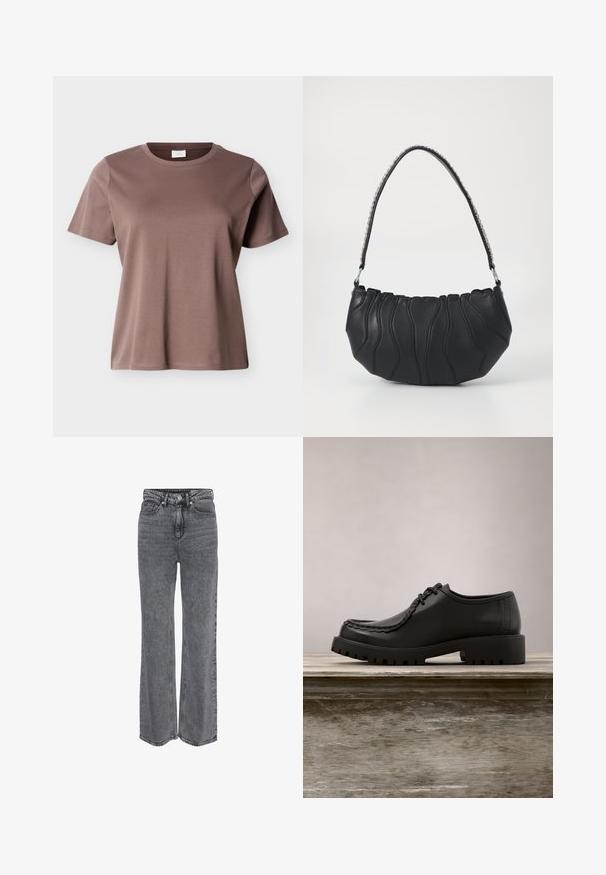 Kortærmet, rundhalset T-shirt i mauve-brun bomuld med en løs pasform vist mod en ensfarvet lys baggrund.; Grå denimjeans i høj talje og med lige ben, med frontknap, lynlåslukning og klassisk design med fem lommer.; Sort lædersko med snørebånd og tyk rillede såler, der svæver over en træbænk udendørs med grønne blade i baggrunden.; Sort læderhåndtaske med en buet form, bølgende syningsdetaljer og en sølvfarvet kædestrop. Glat tekstur, kompakt størrelse.