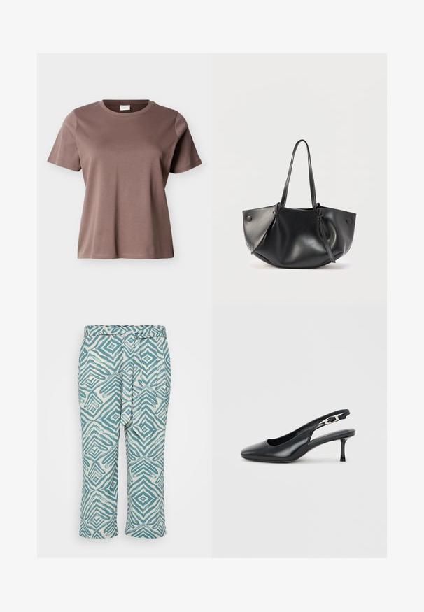 Kortærmet, rundhalset T-shirt i mauve-brun bomuld med en løs pasform vist mod en ensfarvet lys baggrund.; Lette cropped bukser med et geometrisk blåt og hvidt mønster, med en bundet talje og glat tekstur.; Sort læder slingback-sko med spids snude, lav, slank kittenhæl og justerbar spænde på en ensfarvet lys baggrund.; Sort skuldertaske i læder med to lange remme, en blød rundet form og knapdetaljer på hver side.