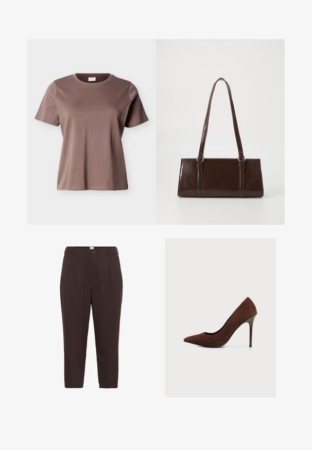 Kortærmet, rundhalset T-shirt i mauve-brun bomuld med en løs pasform vist mod en ensfarvet lys baggrund.; Brune, knælange bukser lavet af et glat, vævet stof, der har en knaplukning og to sidelommer til praktisk brug.; Brun ruskind højhælet sko med spids tå og slank stiletthæl vist på en ensartet lys baggrund.; Brun lakeret håndtaske med rektangulær form, to lange håndtag og subtile buede detaljer på fronten.