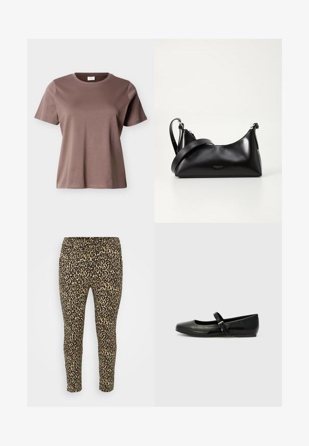 Kurzärmliges, rundhalsiges T-Shirt aus mauve-braunem Baumwollstoff mit lockerem Schnitt, vor einem schlichten hellen Hintergrund gezeigt.; Leopardenprint Leggings in Beige und Schwarz, mit elastischem Bund, slim fit und weichem, dehnbarem Stoff für Komfort.; Schwarze Leder-Ballerinas mit einer runden Spitze, einer flachen Sohle und einem dünnen, verstellbaren Riemen über dem Spann mit einer Metallschnalle.; Schwarze lederne Handtasche mit glatter Textur. Verfügt über einen verstellbaren Riemen und ein elegantes, minimalistisches Design mit einem Reißverschluss.