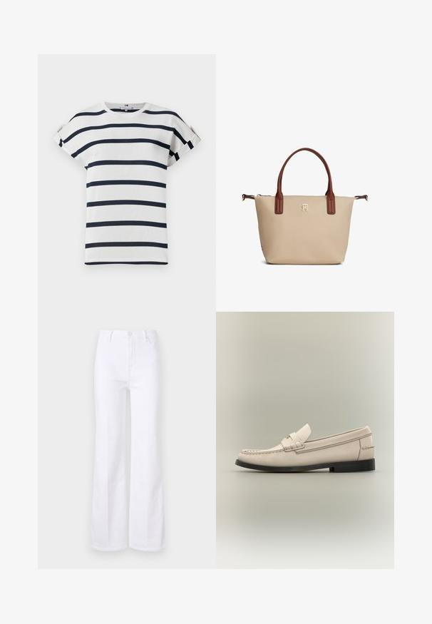 Hvid kortærmet t-shirt med marineblå vandrette striber, rund halsudskæring og oprullede ærmer. Blødt bomuldsstof med afslappet pasform.; Hvide flared jeans lavet af denim, med høj talje, forlommer og knaplukning. Glat tekstur og rene linjer.; Beige læder herresko med sort sål og dekorativ remdetalje på lys grå baggrund.; Beige mulepose med brune håndtag, lille guldlogo centreret under håndtagene og lynlås lukning øverst.