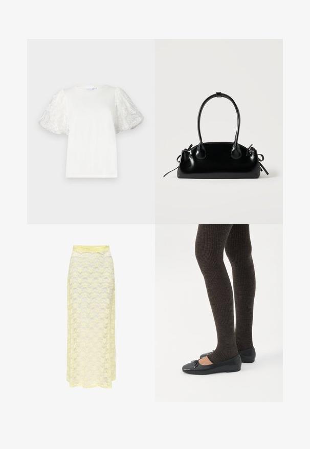 T-shirt blanc à manches courtes bouffantes en tissu transparent, avec broderie florale. Col rond, coupe décontractée, texture lisse.; Jupe maxi en dentelle jaune avec un motif ondulé, dotée d'une taille lisse et d'une texture douce et transparente. Conçue pour une silhouette fluide.; Jambes portant des leggings côtelés foncés associés à des ballerines noires avec de petits détails en nœud sur fond blanc.; Petit sac à main noir brillant avec deux longues anses et des détails à cordon sur les côtés sur un fond clair uni.