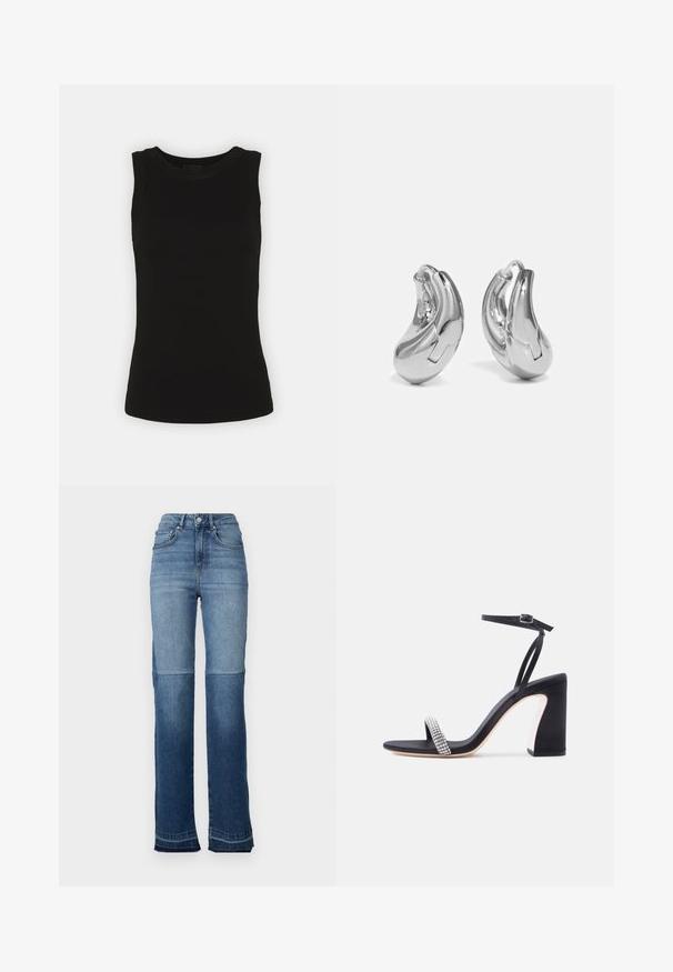 Schwarzes ärmelloses Tanktop aus geripptem Baumwollstoff, mit runder Halslinie und körperbetontem Schnitt.; Hochtaillierte Denim-Jeans mit einem Farbverlauf von hellblau zu dunkelblau, geradem Bein und fransigen Säumen an den Knöcheln.; Schwarze High-Heel-Sandale mit Knöchelriemen und funkelndem Strassriemen am Zehenbereich auf weißem Hintergrund.; Silberne Creolen mit einer gebogenen, glänzenden Oberfläche und einem nahtlosen Design. Verfügt über einen Scharnierverschluss für sicheren Halt.
