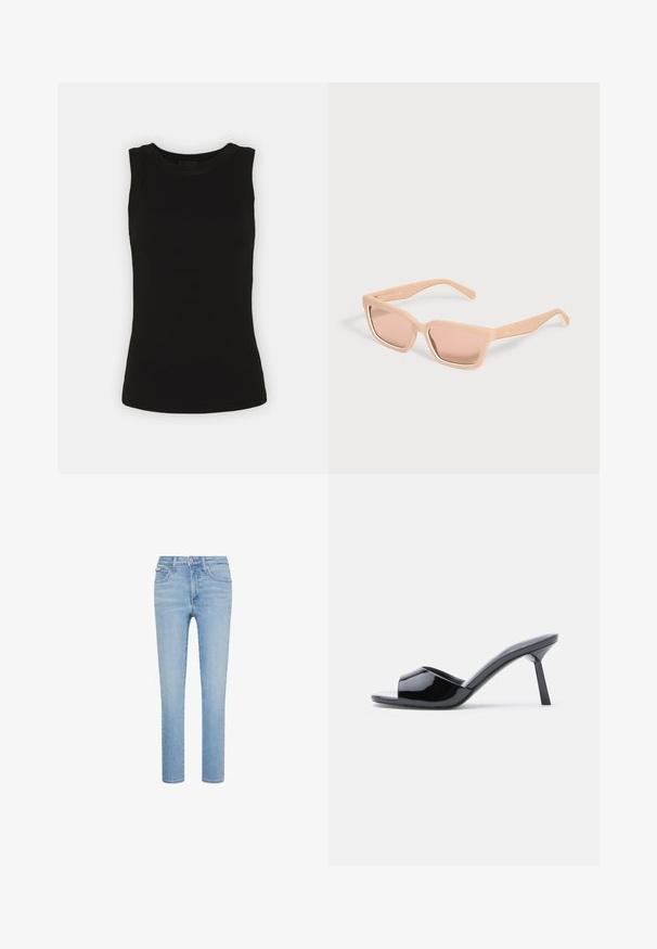 Sort ærmeløs tanktop i ribbet bomuld med rund halsudskæring og tætsiddende silhuet.; Lyseblå denimjeans, lige snit, fem-lommer stil, med forreste knap- og lynlås lukning, med subtile falmninger og syningsdetaljer.; Sorte laklæder sandaletter med åben tå, der har et buet overdesign og en spids stilethæl. Glat, blank finish.; Rektangulære lyse ferskenfarvede solbriller med tykke stel og matchende tonede linser på en ensfarvet lys baggrund.
