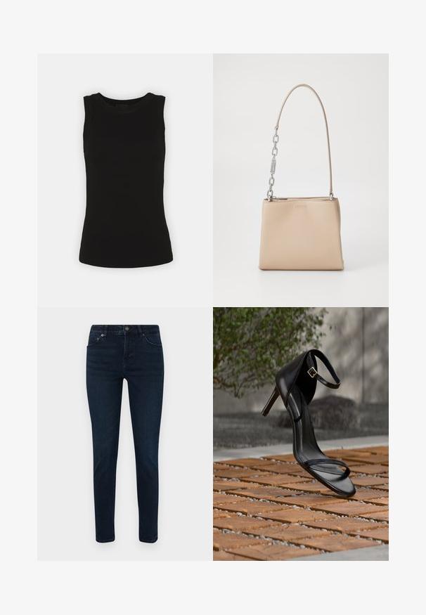 Schwarzes ärmelloses Tanktop aus geripptem Baumwollstoff, mit runder Halslinie und körperbetontem Schnitt.; Dunkelblaue Jeans mit schmaler Passform, ausgestattet mit einem Fünf-Taschen-Design, Knopfverschluss und dezenten Nähdetails. Glatte Textur über die gesamte Fläche.; Schwarze Sandalette mit hohem Absatz und Knöchelriemen schwebt über einem Holzboden im Freien vor verschwommenem Grün und Steinhintergrund.; Beige Lederhandtasche mit glatter Textur, ausgestattet mit einem silbernen Kettenakzent am Griff und einem Reißverschluss. "HUGO" ist auf der Vorderseite geprägt.