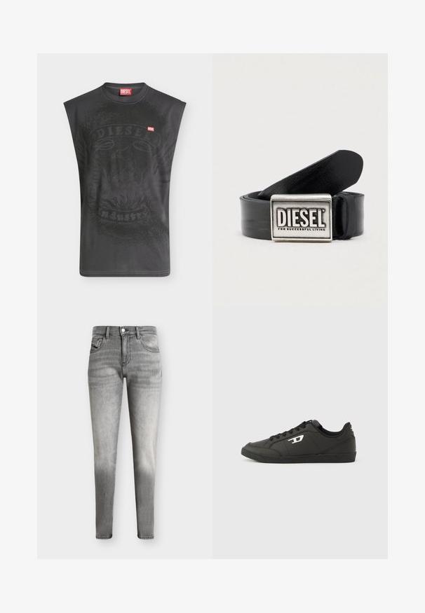 T-shirt noir sans manches Diesel avec un graphisme subtil d'aigle et un petit patch logo Diesel rouge sur la poitrine.; Jean slim gris délavé avec un design à cinq poches et une fermeture par boutons, présenté sur un fond uni.; Baskets synthétiques noires avec une semelle noire texturée, un bout rond et des lacets plats noirs. Logo blanc remarquablement placé sur le côté extérieur.; Ceinture en cuir noir avec une boucle rectangulaire argentée portant le nom de la marque "DIESEL" et la phrase "FOR SUCCESSFUL LIVING." Texture lisse.