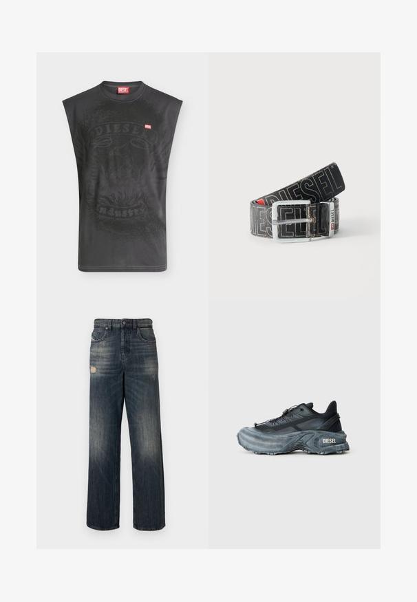 Ærmeløs sort Diesel t-shirt med subtilt ørne-grafik og lille rød Diesel logopatch på brystet.; Blå denimjeans med løs pasform, med slidte detaljer og en falmet vask, fem lommer og lynlåslukning.; Sort og grå Diesel sneakers med tyk sål, snørrebåndslukning og tekstureret design på en ensfarvet lysegrå baggrund.; Sort Diesel-bælte med stor hvid logo tekst, rektangulært sølvspænde og brandet metal-loop detalje, rullet sammen på en lys baggrund.